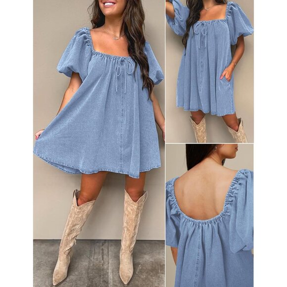 Denim Dress Women Short Sleeve Square Neck Pockets Casual Chic - Picture 7 of 7